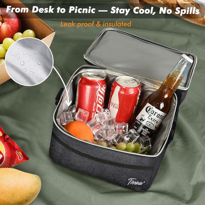 Tirrinia Reusable Lunch Box for Men Women, Insulated Lunch Bag Adult Work, Double Decker Leakproof Lunchbox for Office Picnic Beach—Dual Compartment Lunch Cooler Bag