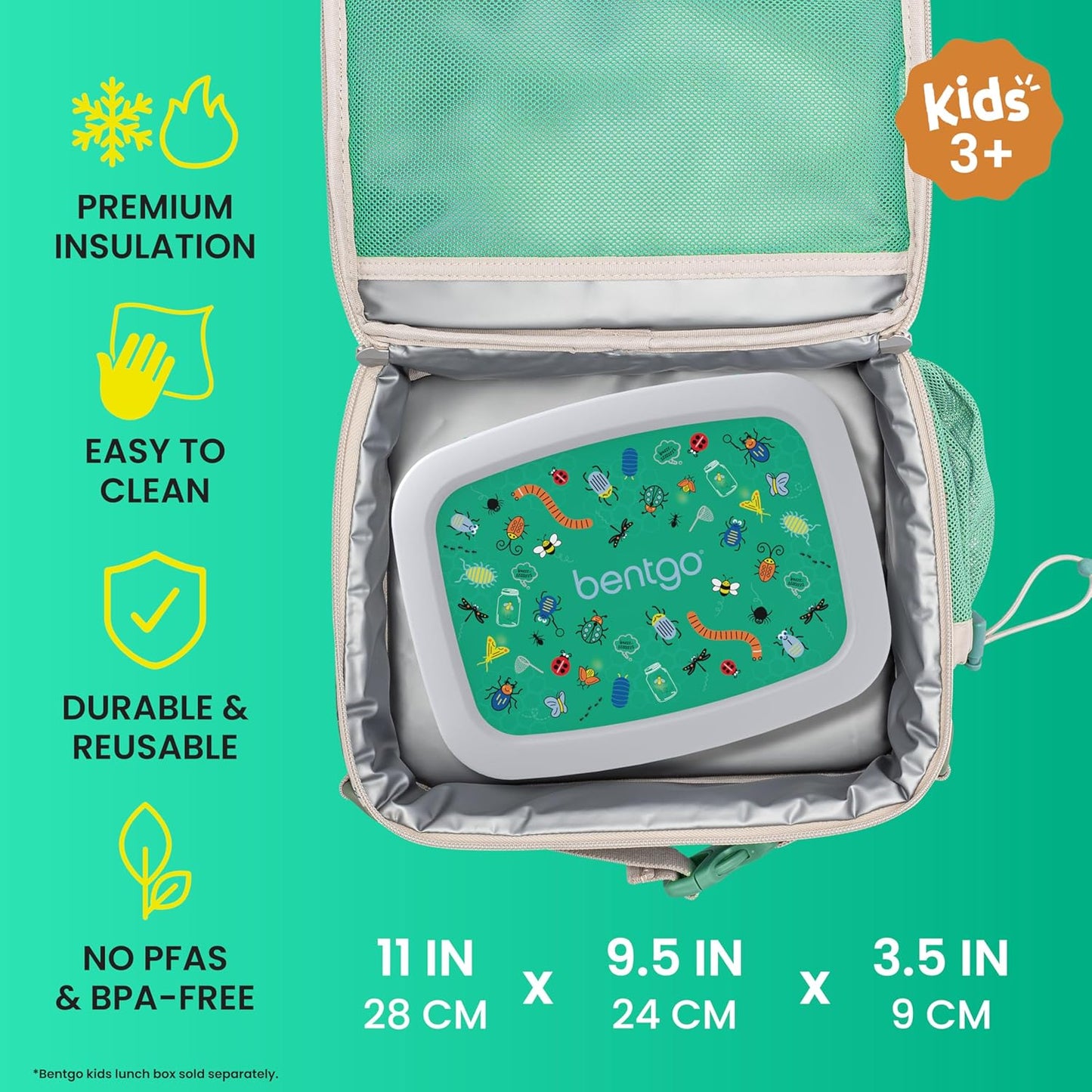 Bentgo Kids Lunch Bag - Durable, Double-Insulated Lunch Bag for Kids 3+; Holds Lunch Box, Water Bottle, & Snacks; Easy-Clean Water-Resistant Fabric & Multiple Zippered Pockets (Mermaid)