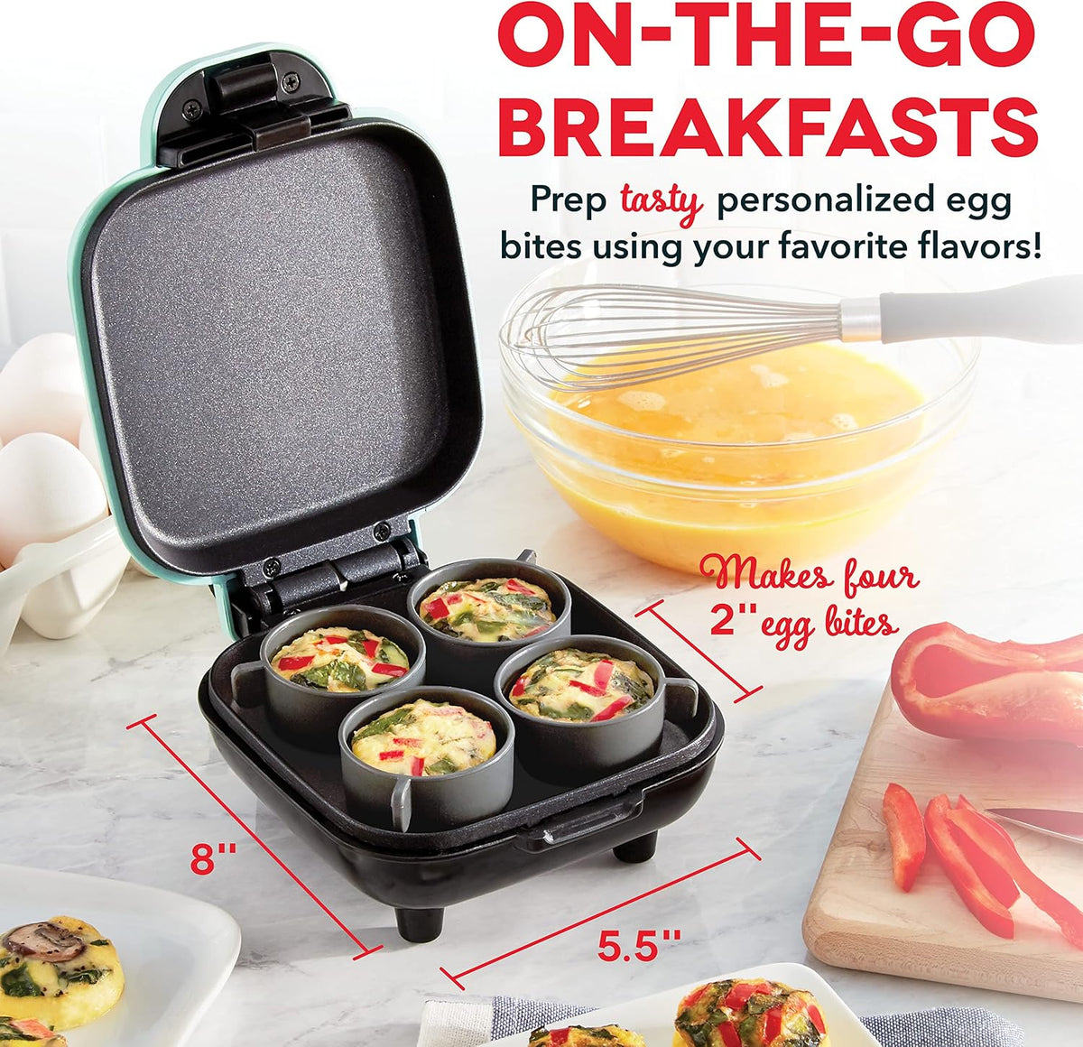 Dash Deluxe Egg Bite Maker - Electric Egg Bite Maker for Healthy Protein Snacks - Quick Cleanup, Space-Saving Design & Non-Slip Feet - 4 Servings, Aqua