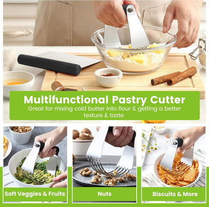 Spring Chef Dough Bench Scraper for Baking with Markings - Stainless Steel Kitchen Dough Cutter Tool with Bowl Pastry Scraper for Pizza, Bread, Pastries - Bench Knife - Dishwasher Safe - Black