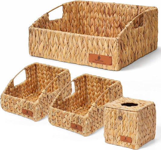 Storage Baskets for Shelves Set of 3, Open-Top Wicker Baskets with Handles, Shelf Organizer Baskets for Pantry, Closet & Bathroom, Water Hyacinth Storage Baskets with Tissue Box Cover