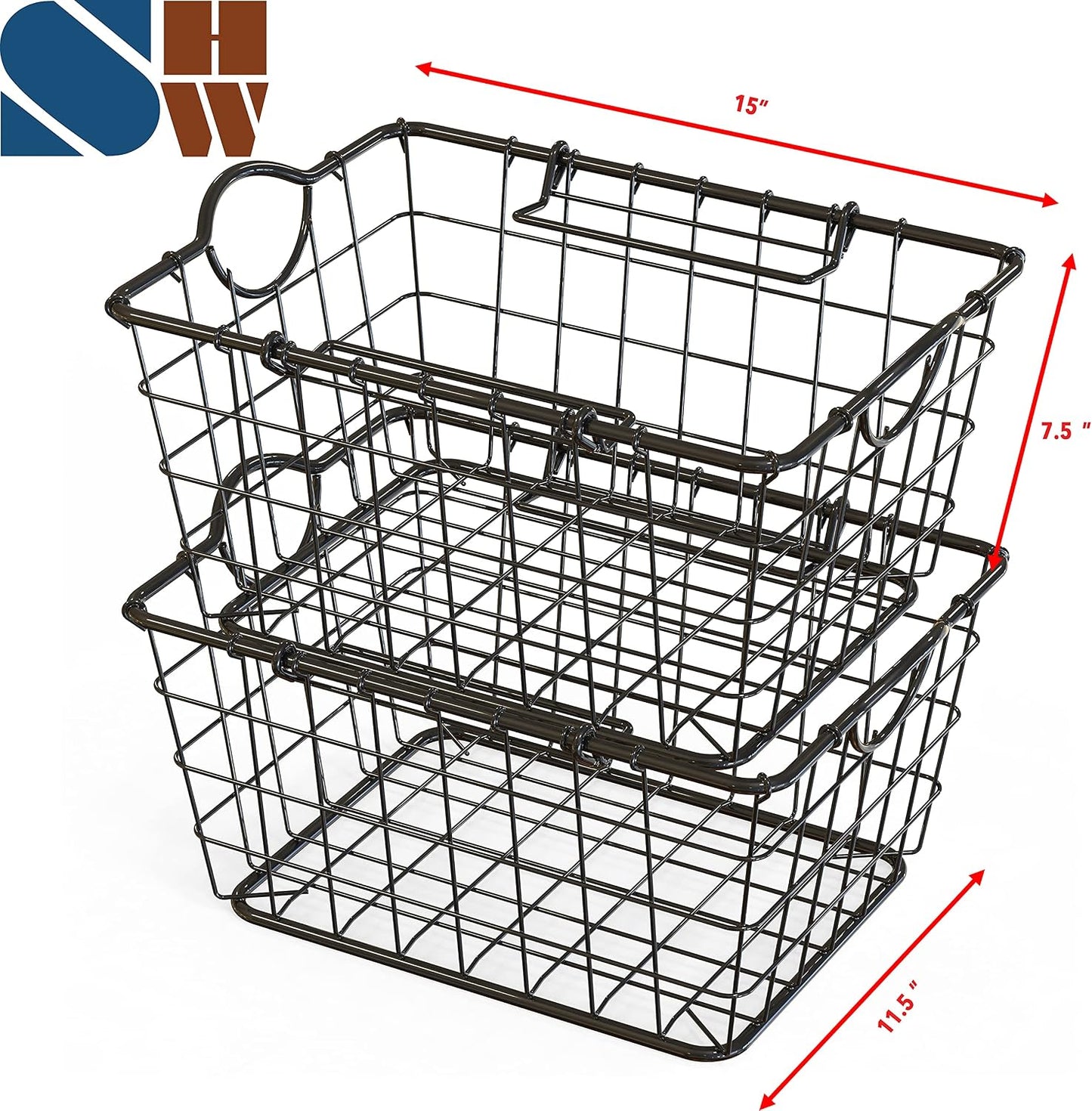 Simple Houseware 2 Pack Stackable Single Wire Basket, (11.5 x 15 x 7.5 in)