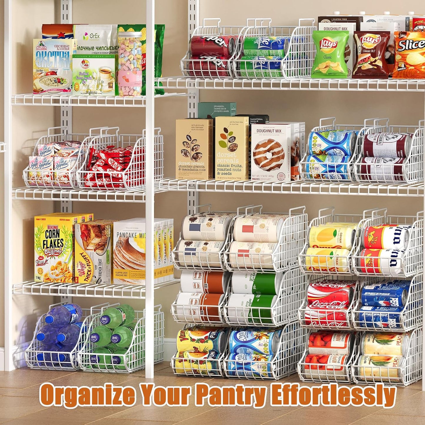 Sonyabecca 4-Pack Stackable Canned Food Organizer with Handles, Soda Can Organizer for Kitchen Pantry Shelves, Foldable Wire Cabinet Shelf for Can Storage, Patent Pending, Black