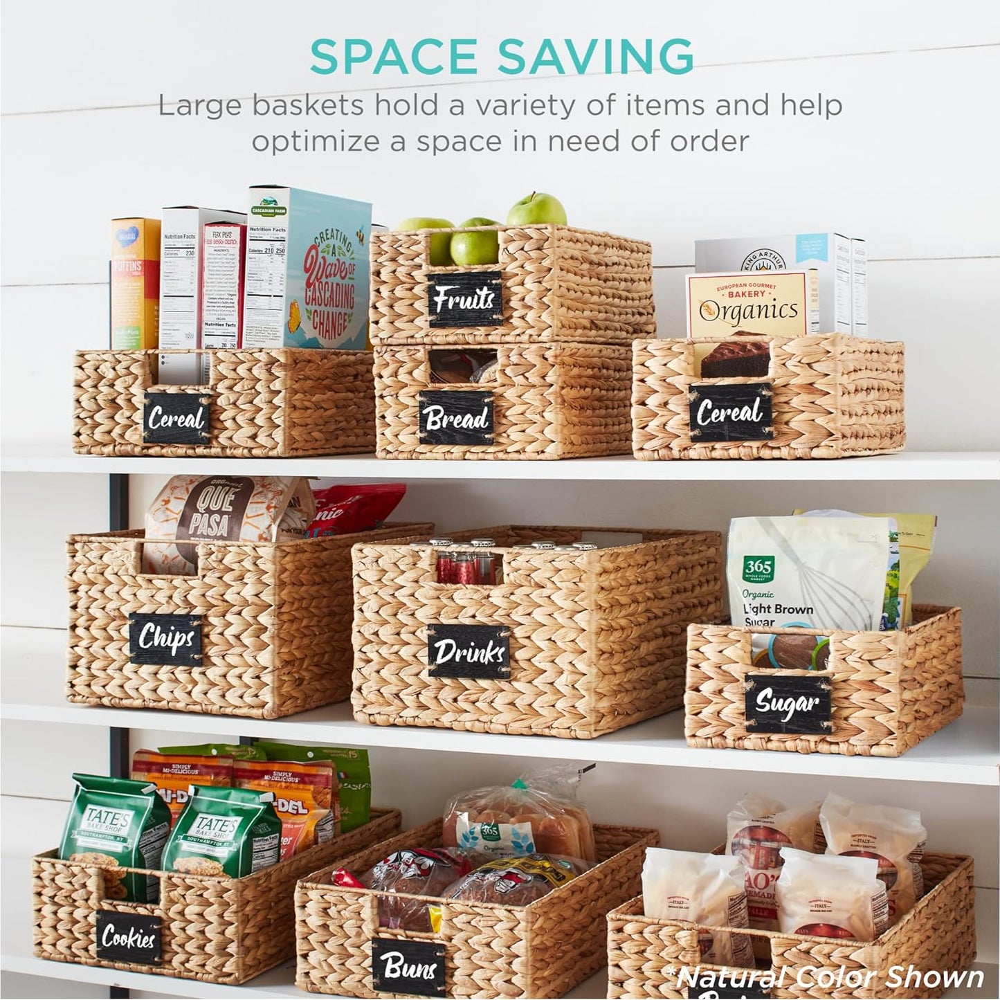 Best Choice Products Set of 4 9x12in Water Hyacinth Pantry Baskets, Woven Organizers w/Chalkboard Label, Chalk Marker - Natural