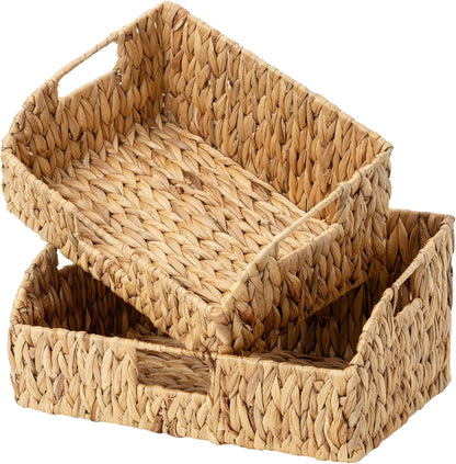 StorageWorks Water Hyacinth Pantry Storage Baskets, Wicker Baskets with Built-in Handles, Handwoven Shelf Baskets for Organizing, Pantry Organizers and Storage, 3 Pack