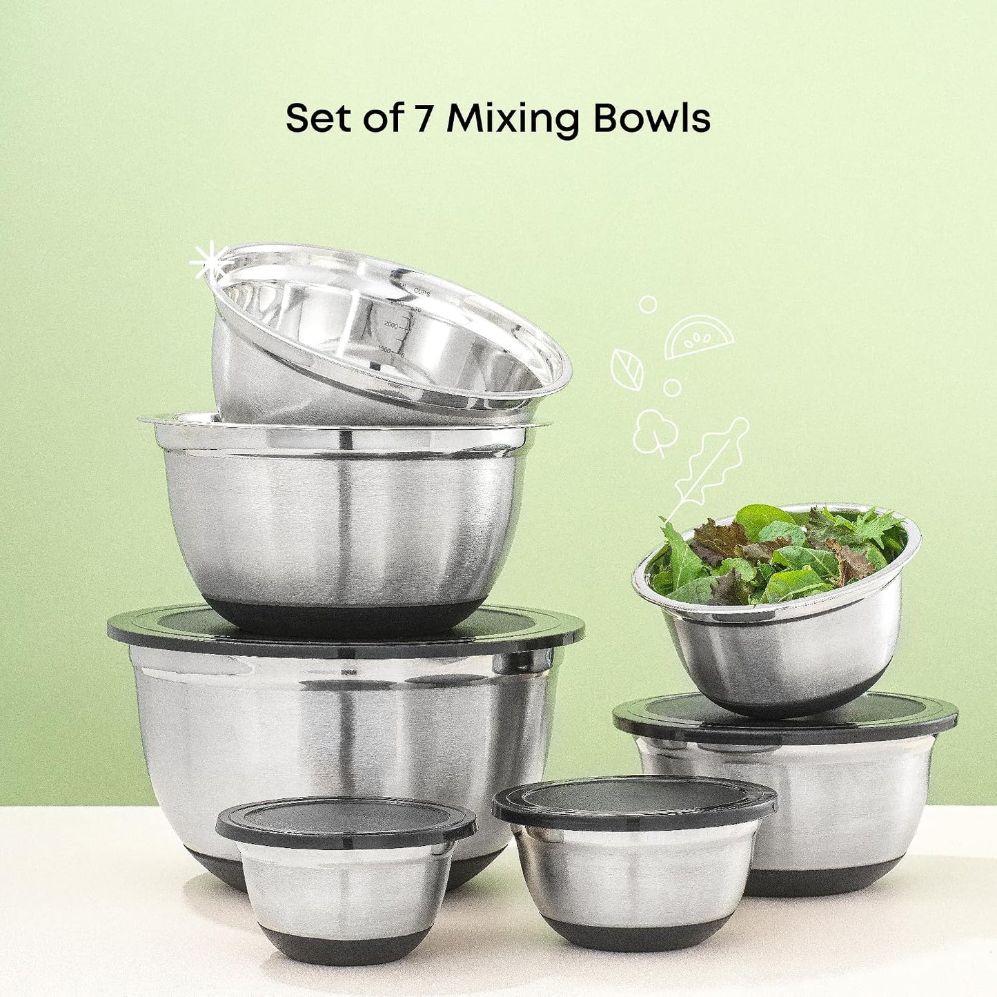 JoyJolt Stainless Steel Mixing Bowls with Airtight Lids, 7 Piece Nesting Bowls Set for Kitchen with Measurement Marks, Non-Slip Bottoms, Cooking, Baking, Prepping, Storage, 7/5/4/3/1.5/1/.75QT, Black
