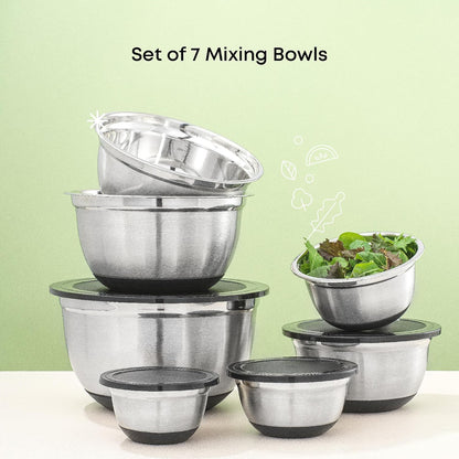 JoyJolt Stainless Steel Mixing Bowls with Airtight Lids, 7 Piece Nesting Bowls Set for Kitchen with Measurement Marks, Non-Slip Bottoms, Cooking, Baking, Prepping, Storage, 7/5/4/3/1.5/1/.75QT, Black