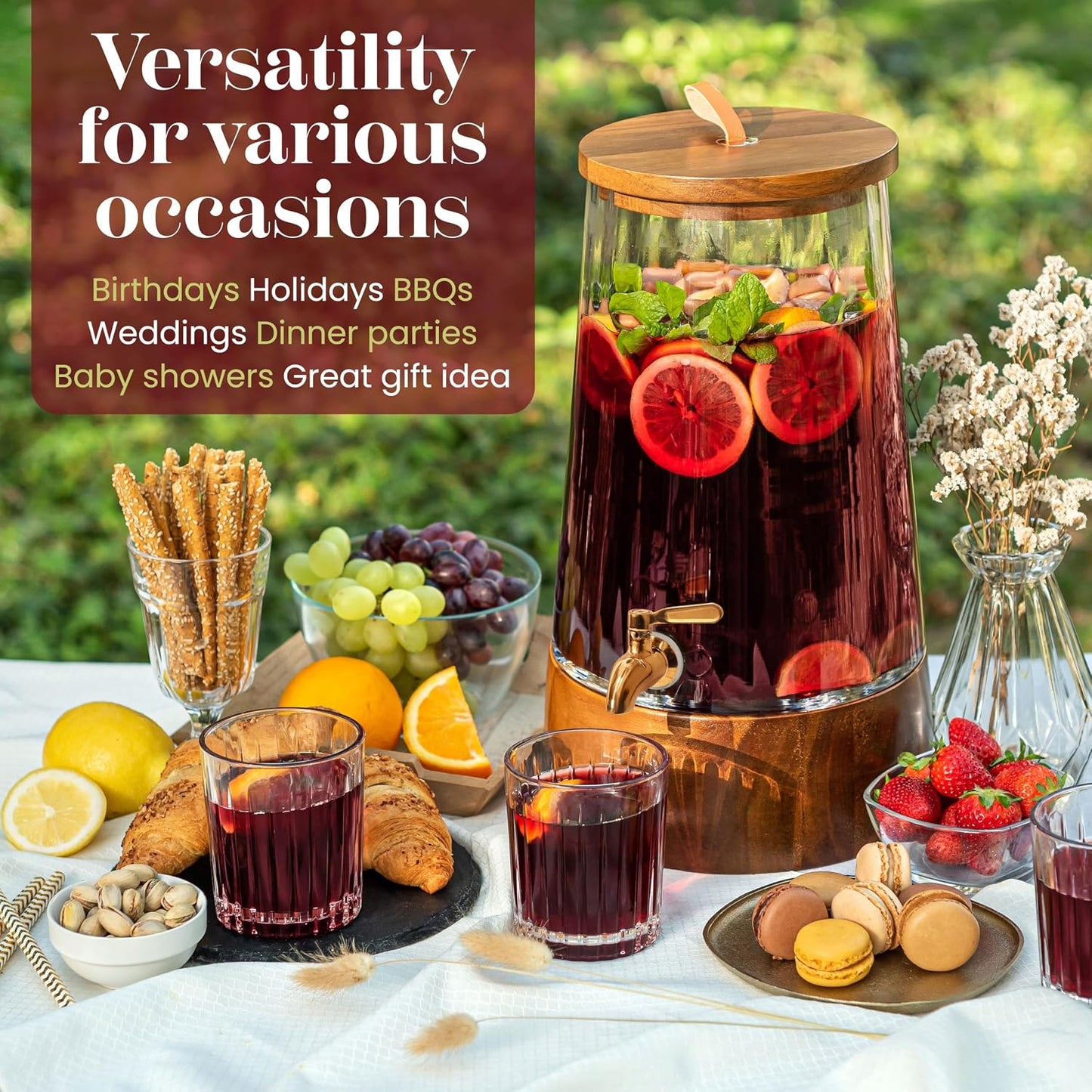 FOODLE Extra Large Glass Drink Dispenser with Spigot - Glass Beverage Dispenser with Stand - Perfect for Parties & Catering - Pitcher for Lemonade, Water, Sangria & Juice - Leakproof Spout - 3 Gallon