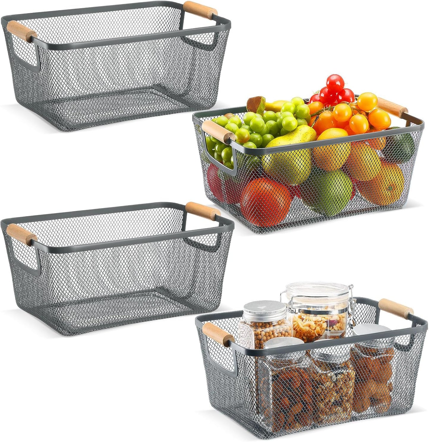 Ziliny 4 Pcs Metal Mesh Wire Baskets with Wooden Handles for Organizing, Pantry Organizers and Storage Steel Bin Kitchen Baskets for Fruit Potato Onion Snacks Bathroom Cabinet(Medium,Cream White)
