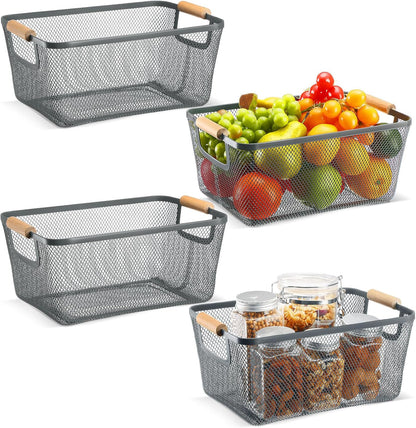 Ziliny 4 Pcs Metal Mesh Wire Baskets with Wooden Handles for Organizing, Pantry Organizers and Storage Steel Bin Kitchen Baskets for Fruit Potato Onion Snacks Bathroom Cabinet(Medium,Cream White)
