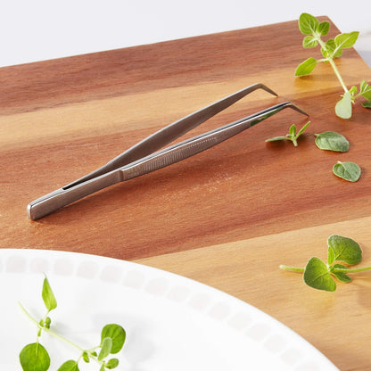 Mercer Culinary 18-8 Stainless Steel Chef Plating Tongs, Offset Tip, 6-1/2 Inch