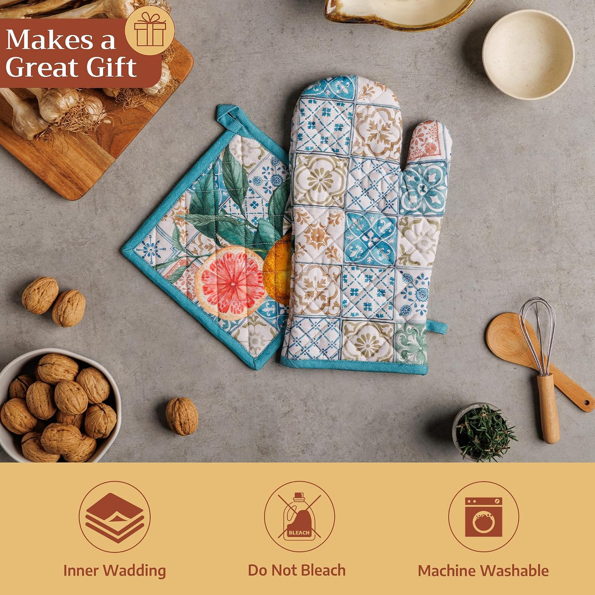 Maison d' Hermine 100% Cotton Oven Mitt & Pot Holder Set (7.5"x13" & 8"x8") - Colors C