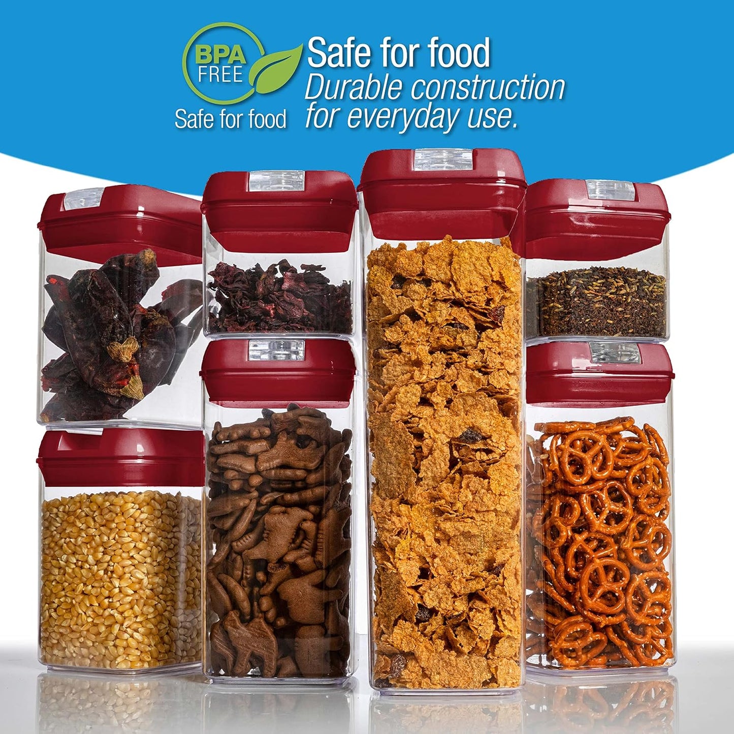 Set of 7 Airtight Food Storage Containers - Pantry Organizer Bins, BPA Free Plastic Containers plus Dry Erase Marker and Labels, White