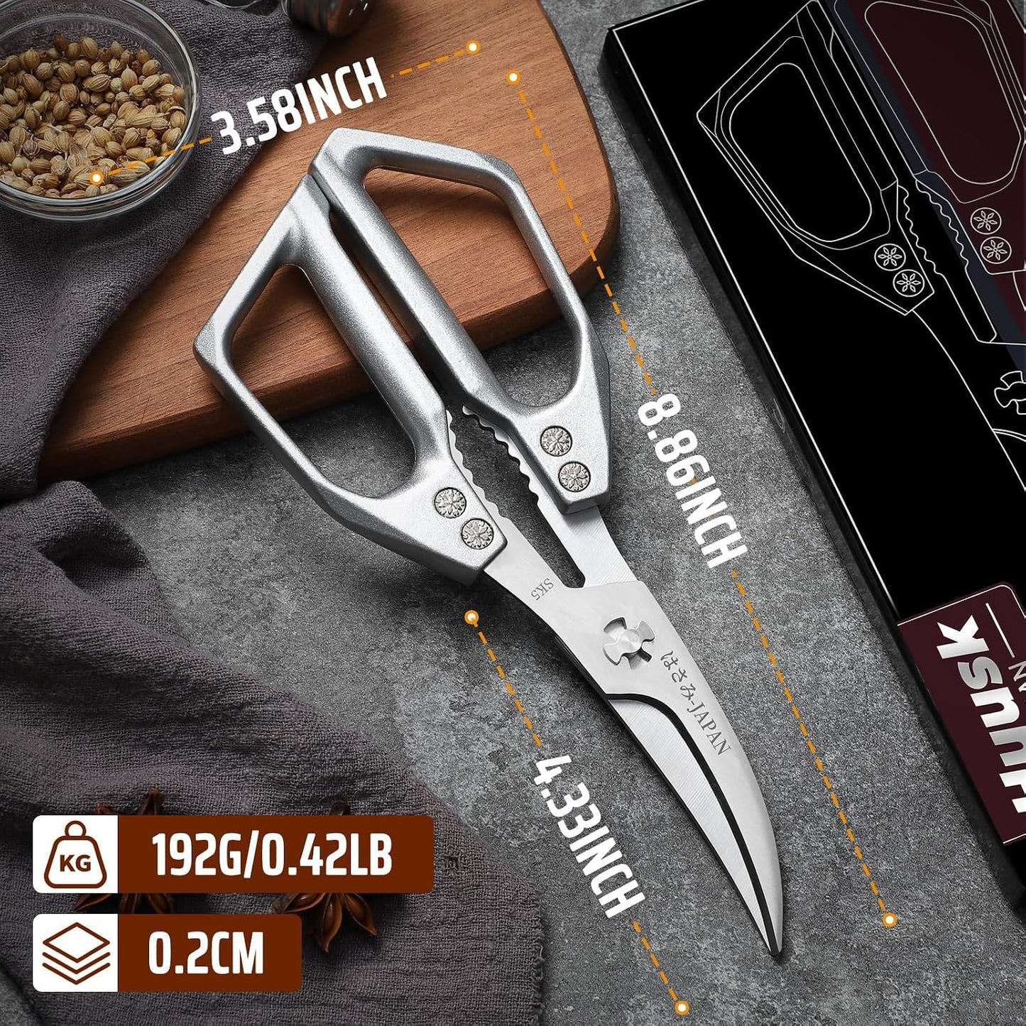 HUUSK Kitchen Scissors All Purpose - Stainless Steel Kitchen Shear, Sharp Silver Meat Scissors Dishwasher Safe, Heavy Duty Poultry Shears, Japanese Cooking Scissor for Food, Christmas Gifts for Women