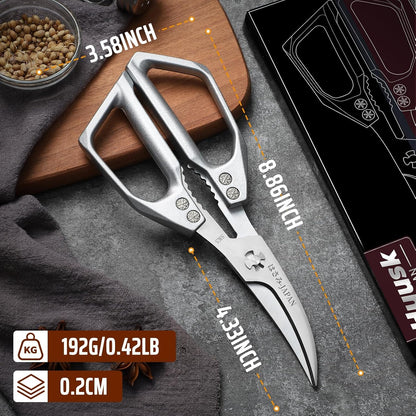 HUUSK Kitchen Scissors All Purpose - Stainless Steel Kitchen Shear, Sharp Silver Meat Scissors Dishwasher Safe, Heavy Duty Poultry Shears, Japanese Cooking Scissor for Food, Christmas Gifts for Women