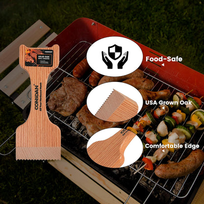 CONSDAN Wood Grill Scraper, Soild Oak Wooden Grill Brush, Grill Scraper for Outdoor Grill, Bristle Free Grill Scrapers, Grill Grate Cleaner Safe Wood Grill Brusher