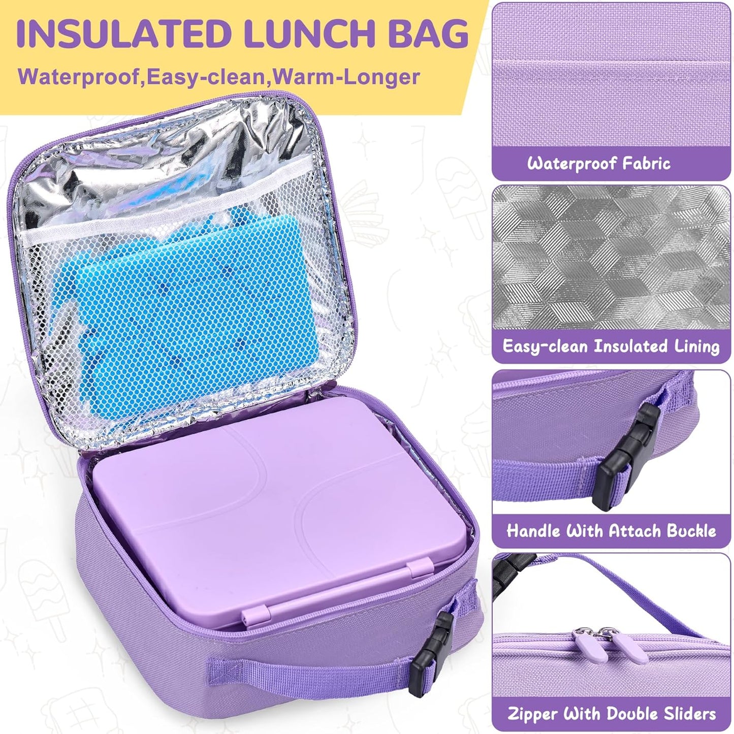MAXSO Bento Lunch Box Set with 8 oz Soup Thermo, Kids Leakproof 4 Compartments Hot Food Container with Sauce Cup, Ice Pack and Lunch Bag, Child Insulated Food Jar for School - Black