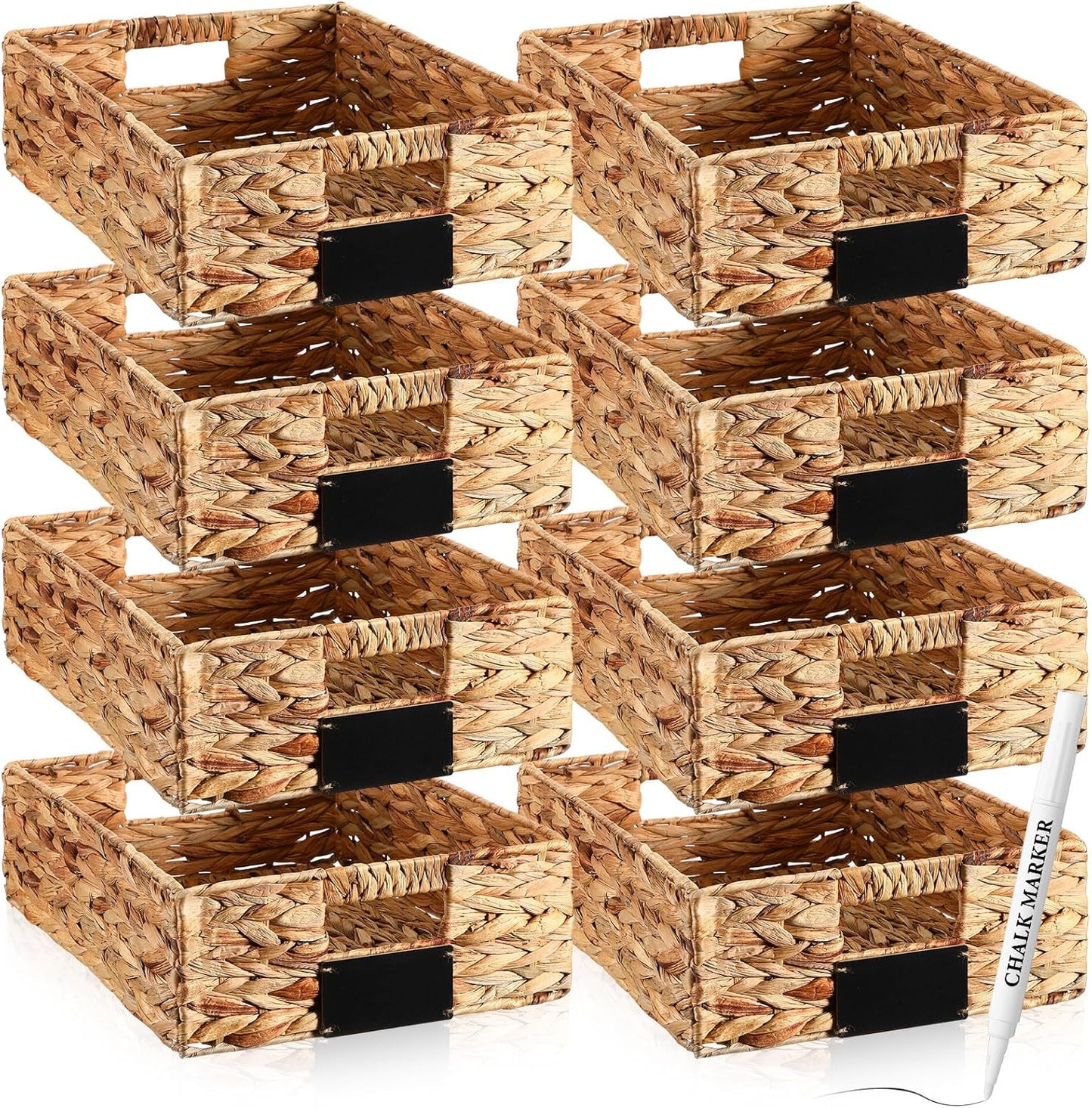 Nitial 8 Pcs Wicker Storage Basket, Rectangular Water Hyacinth Storage Basket for Shelving, Foldable Woven Pantry Organizer with Chalkboard Label and Chalk Marker (Natural,12 x 9 x 5 Inch)