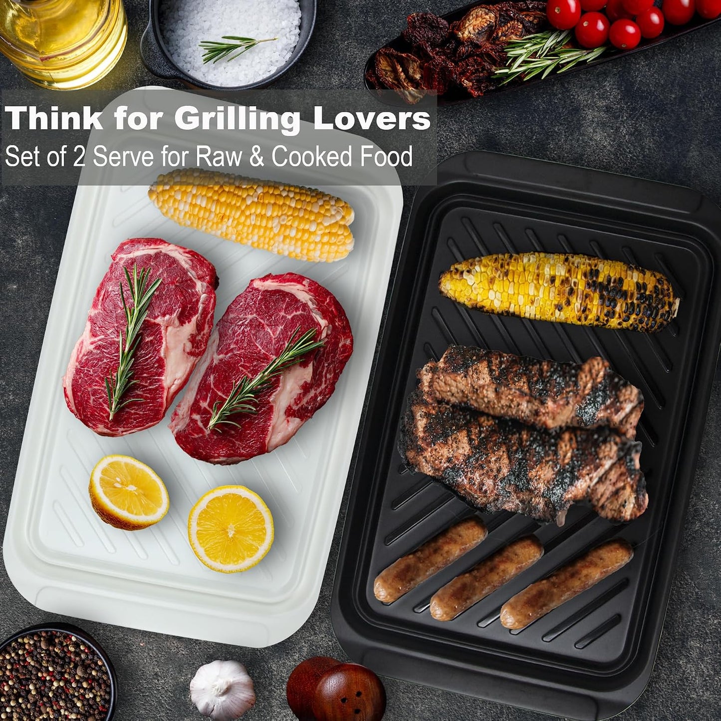 Czlizdyt Grilling Prep and Serve Trays, BBQ Tray for Raw and Cooked Food, Melamine Serving Platter for Food, Set of 2, Black and White, Napkin and Cleaning Clothes Included