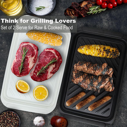 Czlizdyt Grilling Prep and Serve Trays, BBQ Tray for Raw and Cooked Food, Melamine Serving Platter for Food, Set of 2, Black and White, Napkin and Cleaning Clothes Included