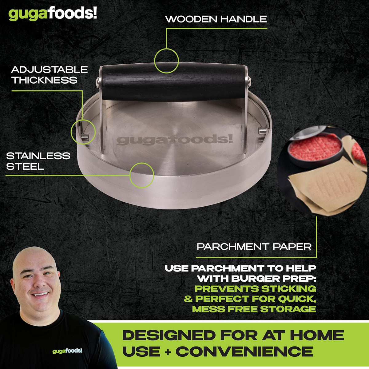 Guga Foods- Adjustable Burger Press, Stainless Steel Hamburger and Smashed Burger Press, Patty Maker for Grilling and Griddle, 3 Size Patties, Wooden Handle