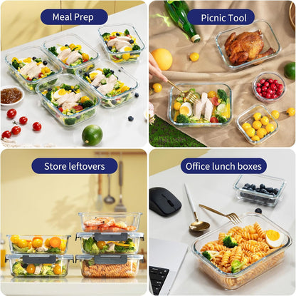 MFY 5-Pack 36 OZ Glass Storage Containers with Lids - 2 Compartment Meal Prep Set, Airtight Glass Lunch Containers, Microwave, Oven, Freezer & Dishwasher Safe, Gray