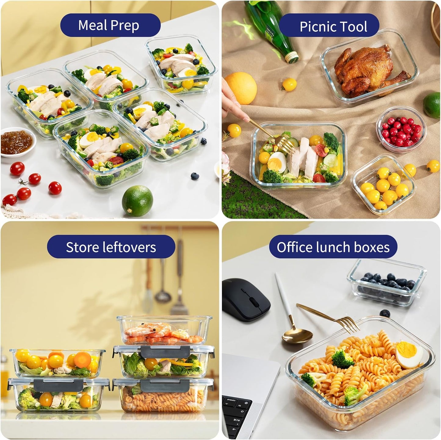 MFY 12-Pack Glass Storage Containers with Lids, Glass Meal Prep Containers Set, Airtight Lunch Containers with Lids, Microwave, Oven, Freezer and Dishwasher Safe, Gray