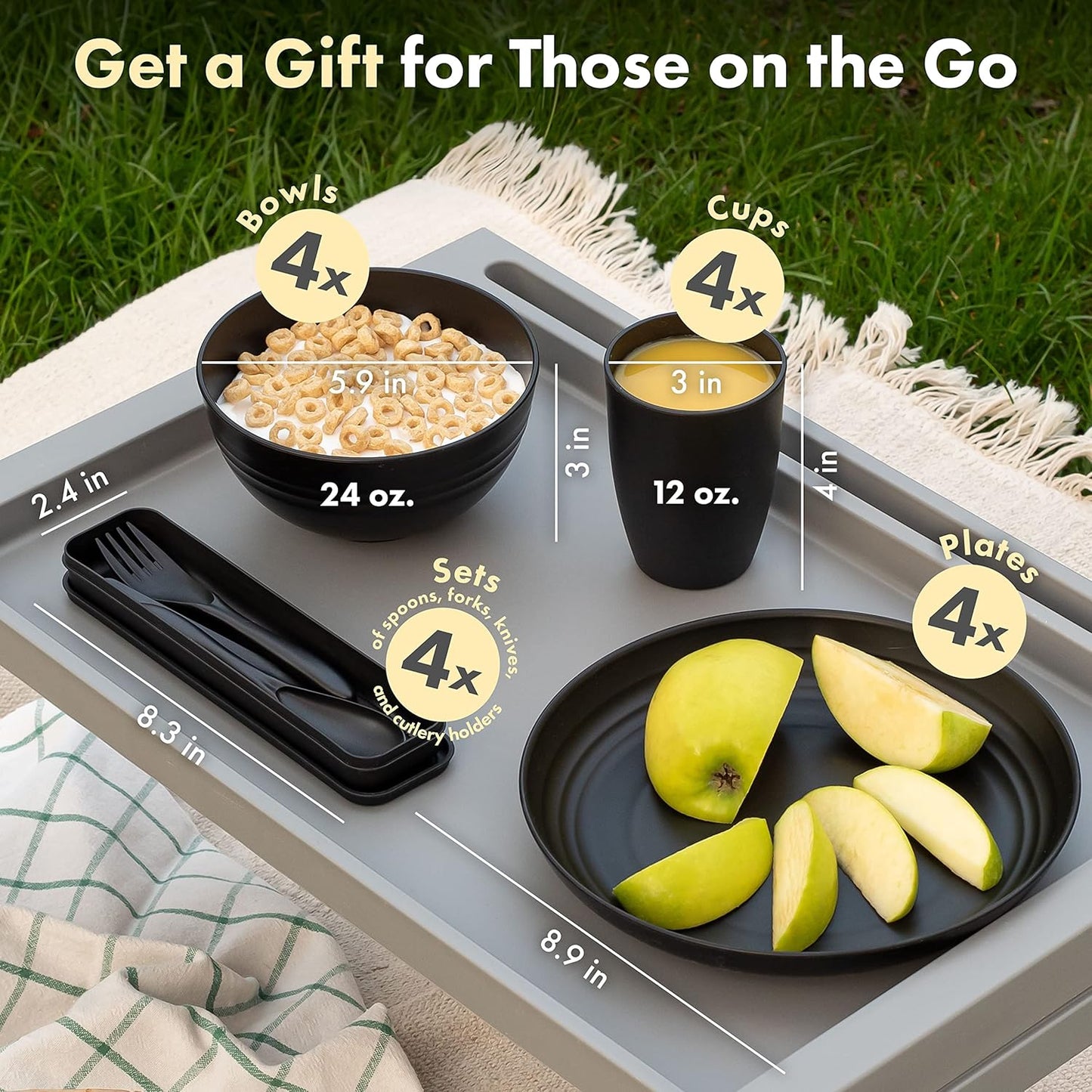 FOODLE Wheat Straw Dinnerware Set - BPA Free & Safety Tested - Microwave & Dishwasher Safe Dishes - Perfect for Camping, Picnic, RV, Dorm - Plates, Cups and Bowls - Great for Kids & Adults - For 4
