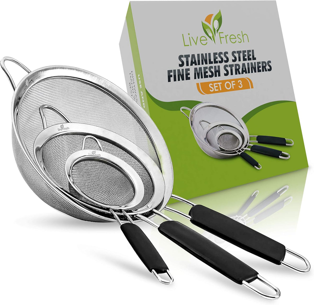 LiveFresh Food Strainer Set - Premium Fine Stainless Steel Fine Mesh Set of Strainers, Colanders and Sifters Crafted for Quinoa and More with Comfortable Non Slip Handles - Set of 3