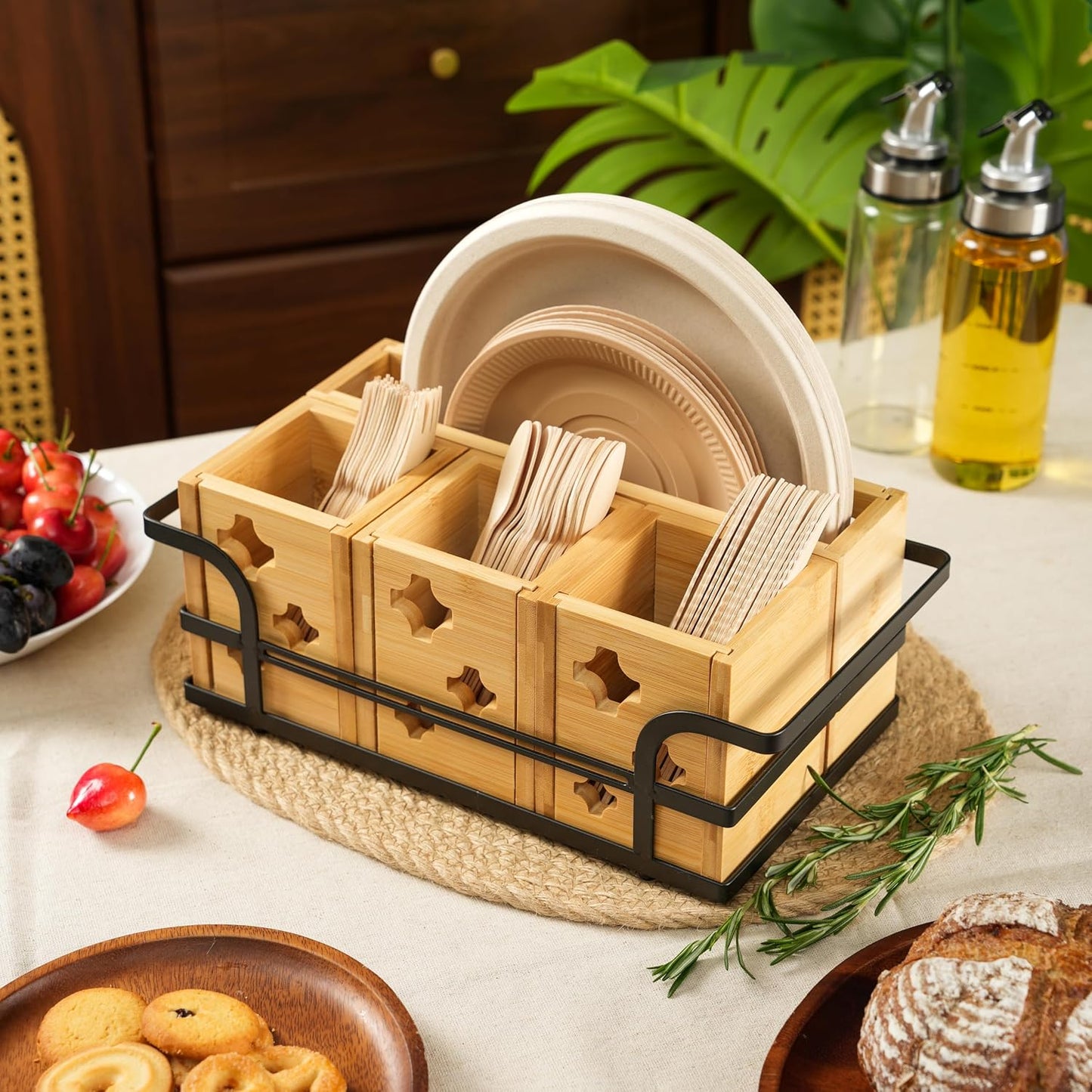 Silverware Caddy Wood Utensil Holder Cutlery Flatware Paper Plate Dispenser Organizer for Spoons Forks Plates Napkins (Acrylic)
