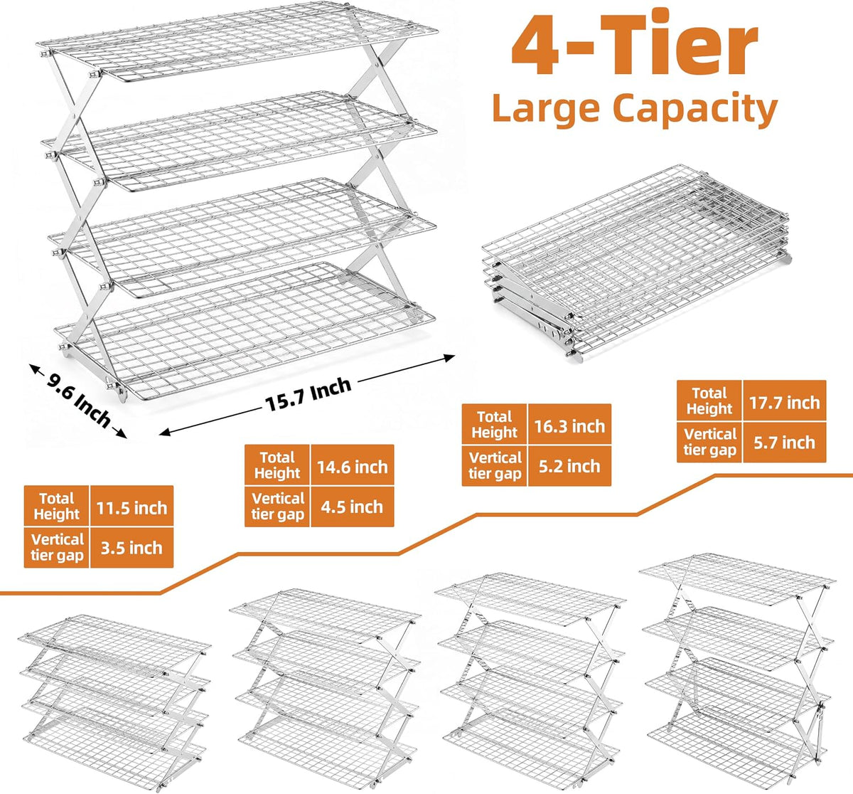 LIANYU 4-Tier Cooling Rack for Baking & Cooking, Collapsible & Space-Saving