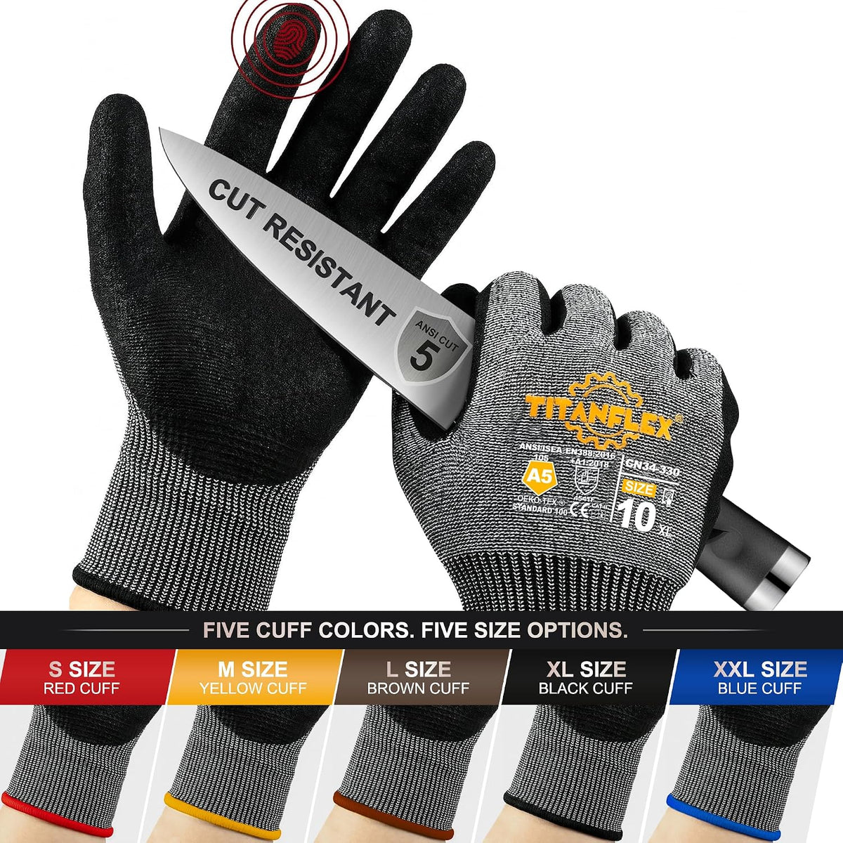 TitanFlex A5 Cut Resistant Gloves, Extreme Protection, Sandy Nitrile Grip