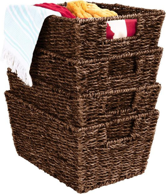 Best Choice Products Rustic Set Of 4 Multipurpose Stackable Seagrass Storage Basket, Handwoven Laundry Organizer Totes for Bedroom and Living Room, Shelves, Pantry w/Insert Handles - Natural