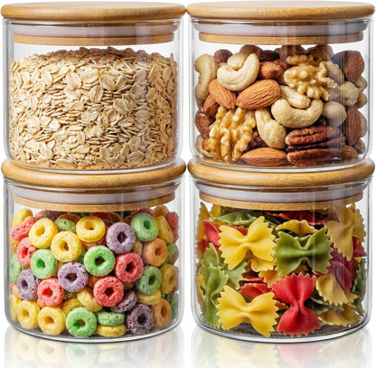 32oz - 4 Pack Glass Jars with Bamboo Lids, Glass Pantry Storage Containers with Airtight Lids, Round Air Tigh Food Storage Canisters for Cereal, Pasta, Flour, Sugar, Rice, Best for Kitchen Organizer