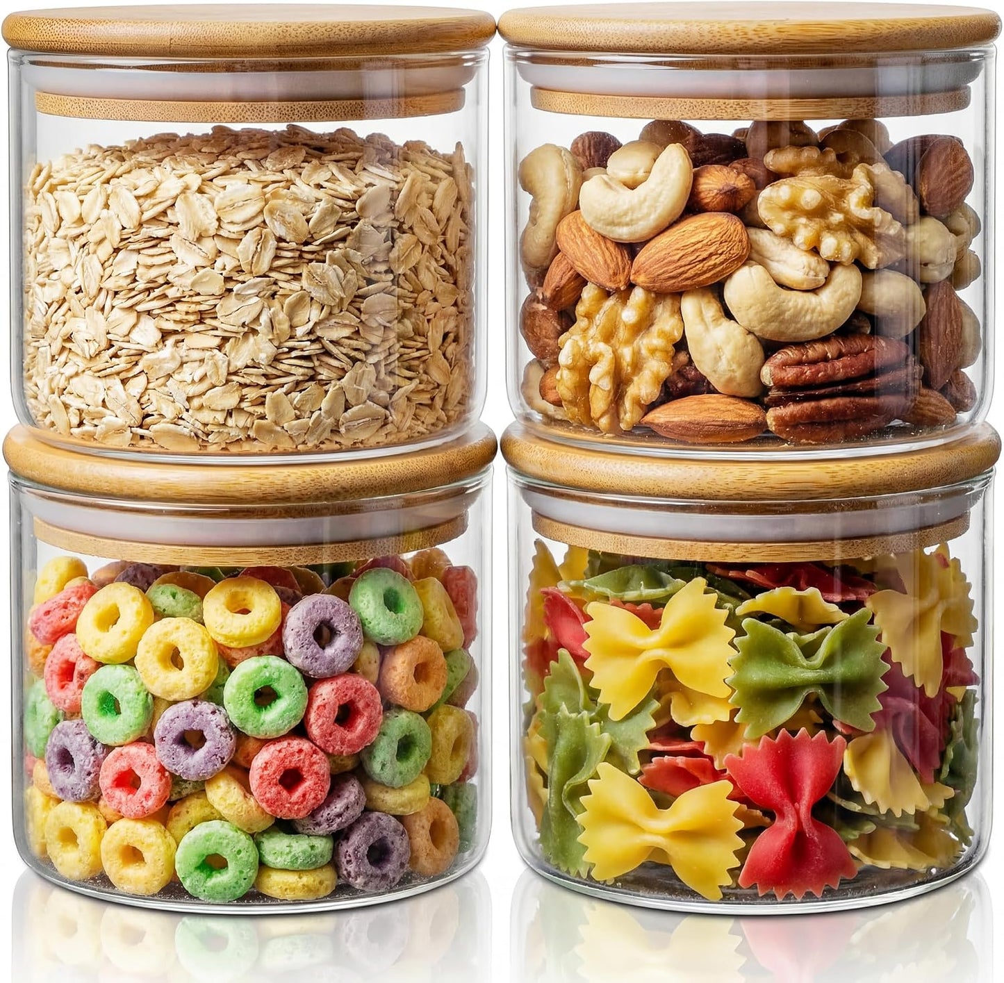 32oz - 4 Pack Glass Jars with Bamboo Lids, Glass Pantry Storage Containers with Airtight Lids, Round Air Tigh Food Storage Canisters for Cereal, Pasta, Flour, Sugar, Rice, Best for Kitchen Organizer