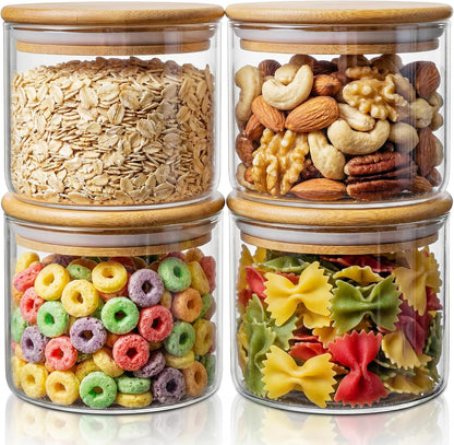 32oz - 4 Pack Glass Jars with Bamboo Lids, Glass Pantry Storage Containers with Airtight Lids, Round Air Tigh Food Storage Canisters for Cereal, Pasta, Flour, Sugar, Rice, Best for Kitchen Organizer