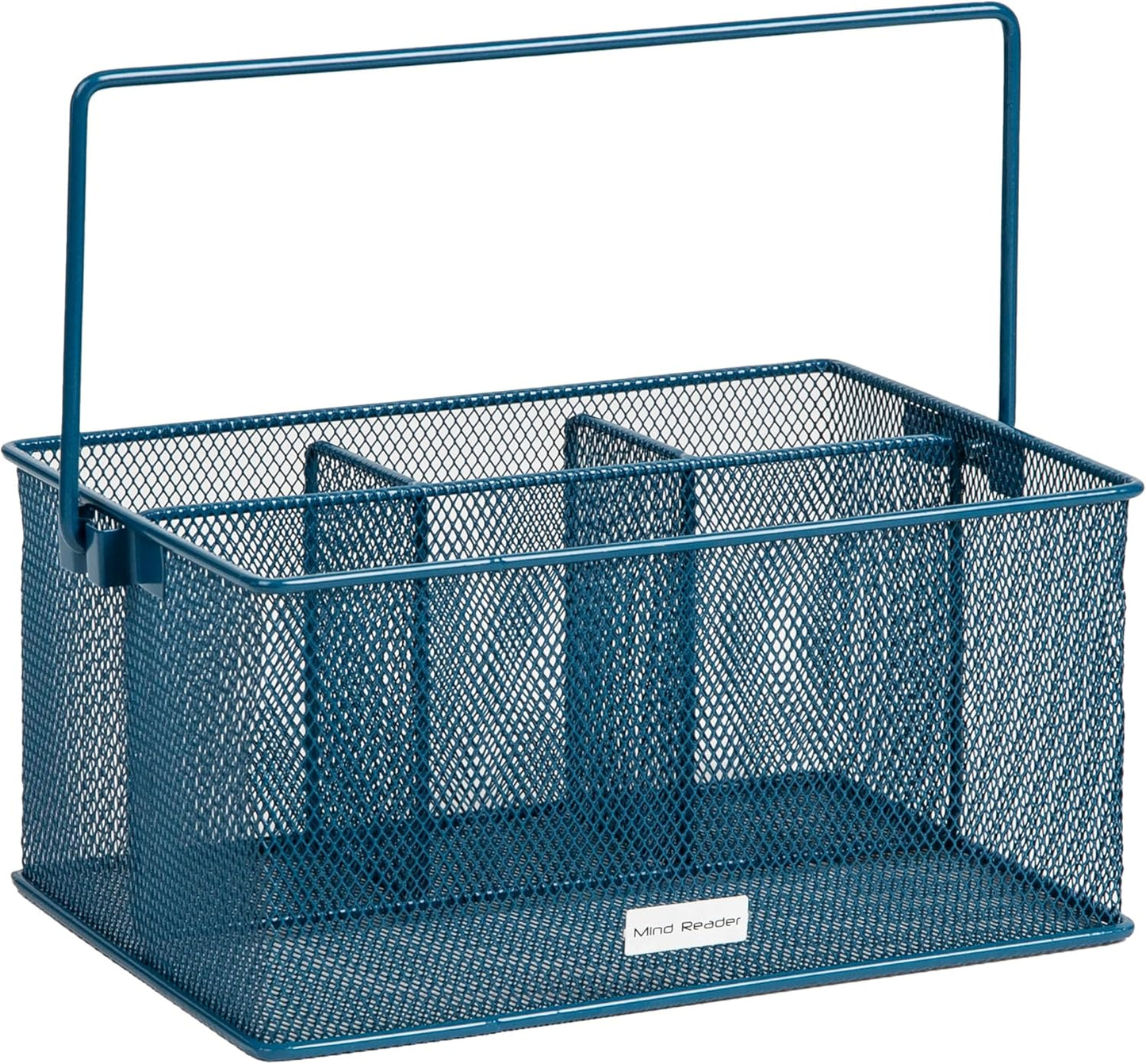 Mind Reader Multi-purpose Storage Caddy with Handle, Desktop Organizer, Cutlery Holder, 4 Compartments, Metal Mesh, Black