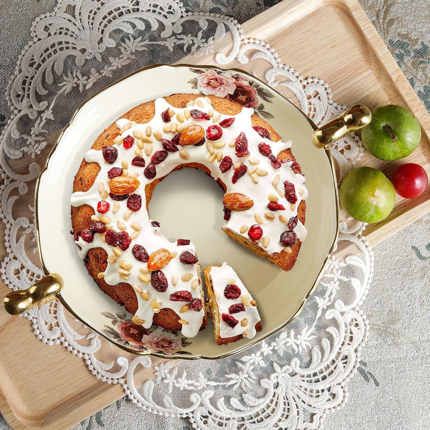 fanquare 3 Compartment Platter, Gold Porcelain Appetizer Serving Tray, Floral Ceramic Divided Serving Plate for Fruit, Candy, Nuts
