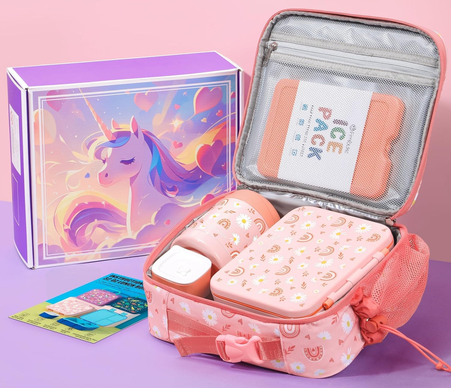 Fimibuke Bento Lunch Box for Kids with Food Jar, 3-Compartment 32OZ Snack Lunch Container, Lunch Bag, 12OZ Insulated Food Jar & Ice Pack Set for Age 3-12 School Daycare Toddler Teen Girls Boy, Fairies