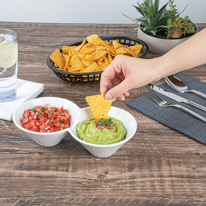 Restaurantware-9.1 x 4.9 x 2.3 Inch Double Dip Bowls, 1 Microwavable Condiment Server - 2 Compartments, Microwavable, White Porcelain Dip Tray, Dishwashable, For Snacks, Condiments, Or Toppings