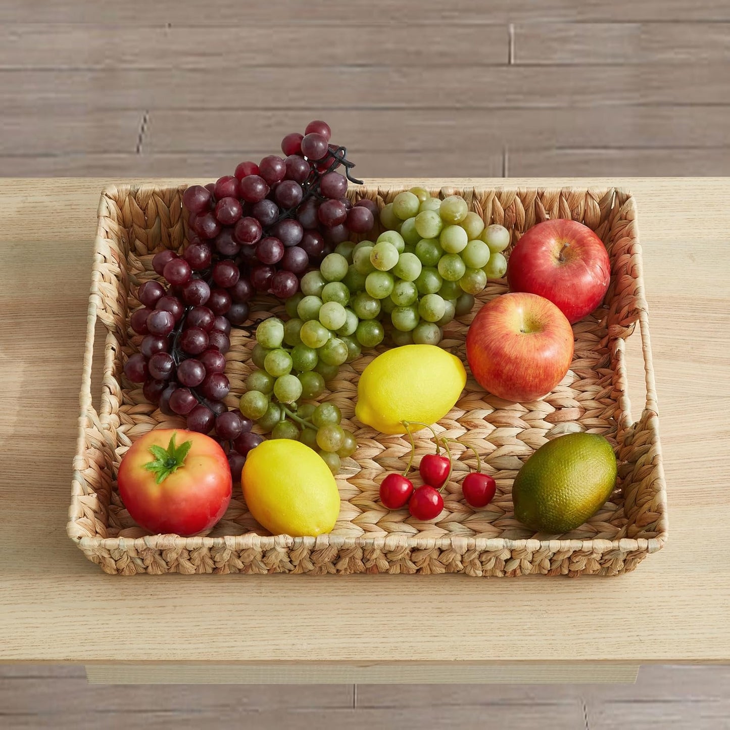 CROS Water Hyacinth Wicker Serving Tray with Handles, Rectangular Coffee Table Tray and Decorative Storage Basket for Home, Kitchen, Living Room, 16.93" x 13" x 3.15"