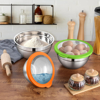 LIANYU Mixing Bowls with Airtight Lids Sets, 3 Packs Stainless Steel Metal Mixing Bowls, Ideal for Prepping, Cooking, Storage, Serving, Freezer & Dishwasher Safe, Khaki