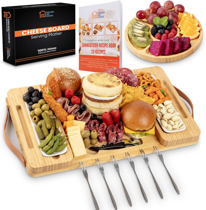Bamboo Charcuterie Board Set with Magnetic Side Trays | Large Cheese Platter with Knives & Bowls | Unique Housewarming, Wedding & Birthday Gift for Entertaining