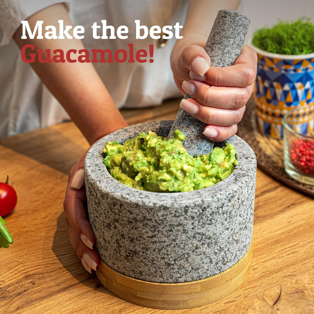 PriorityChef Heavy Duty Mortar and Pestle Set with Bamboo Base, 100% Natural Granite Stone Grinder, Guacamole Bowl and Masher, 1.5 Cups, Black