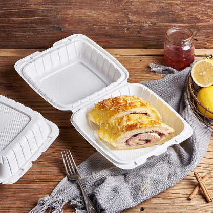 8X8 3-Compartment 50-Pack Plastic Clamshell Takeout Food Trays Heavy Duty Togo Disposable Box Carryout Meal Prep Packaging Catering Hinged Containers With Secure Snap Lid (Formerly FULING)