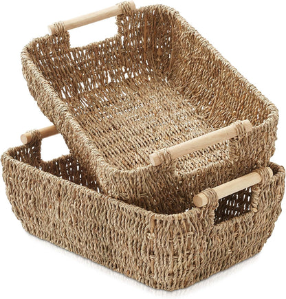 Casafield Set of 2 Water Hyacinth Oval Storage Baskets with Wooden Handles - Medium, Woven Bin Organizers