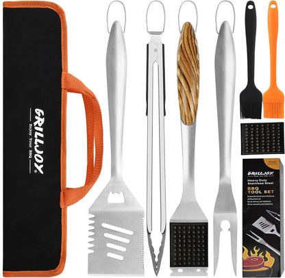 grilljoy 8PCS BBQ Grill Tools Set with Extra Thick Stainless Steel Spatula, Fork, Tongs & Cleaning Brush - Complete Barbecue Accessories Kit with Portable Bag - Perfect Grill Gifts for Men Black