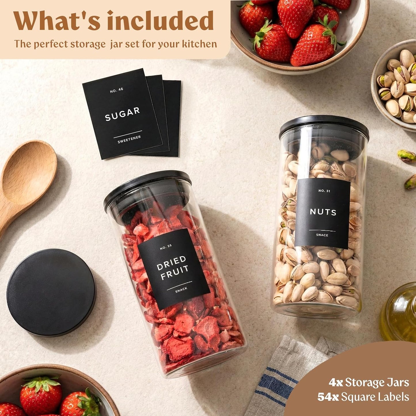 EDELHAUS 2x Large Glass Storage Containers with Airtight Black Lids [135oz/4000ml] | Extra Thick Glass Canisters for Pantry + 63 Labels | Flour Rice Cereal Sugar Coffee Beans Tea