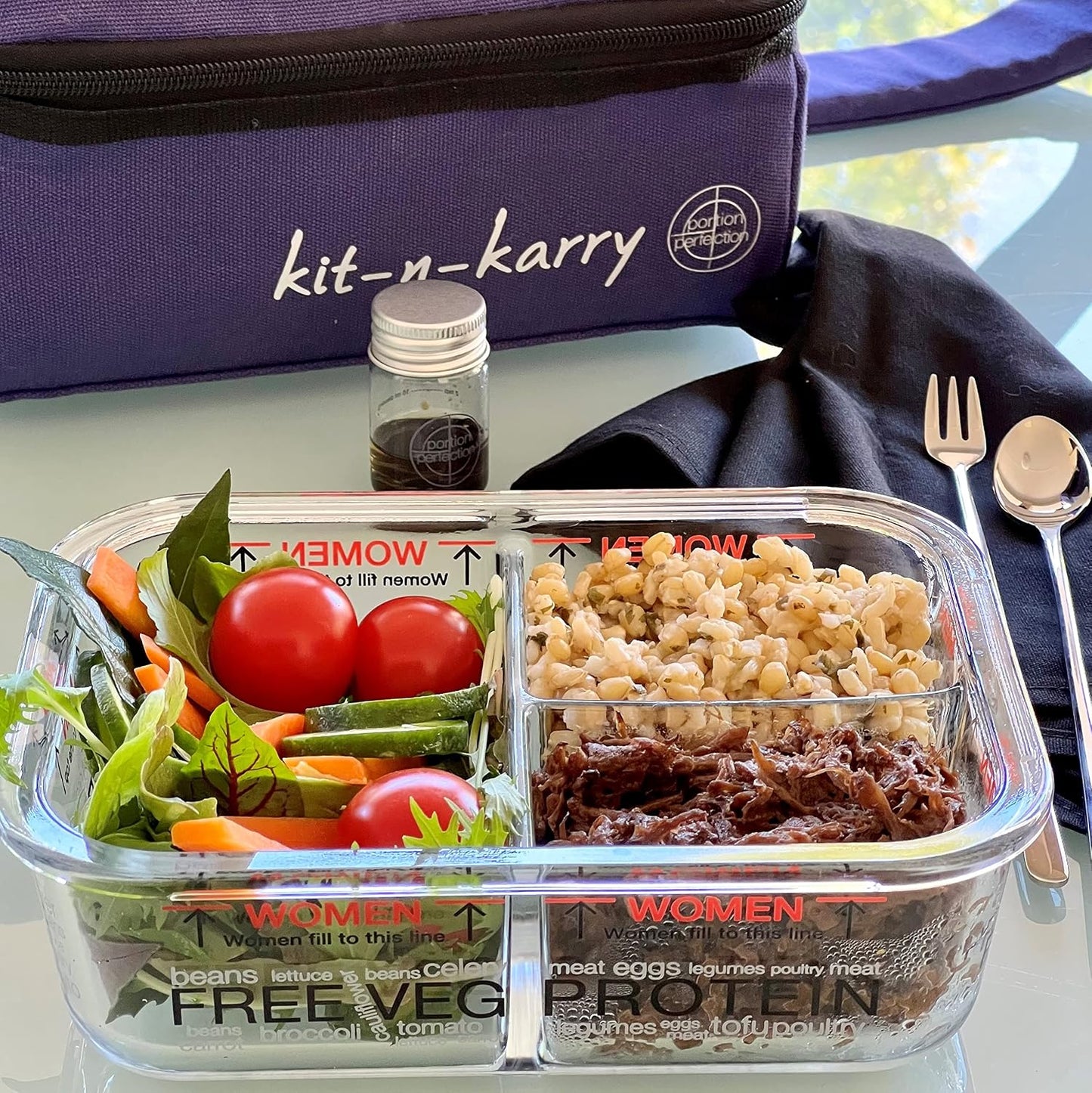 Kit-n-Karry Portion Control Containers with Bag Included - Food Portion Container, Stackable Snack Containers, Insulated Pail, Ice Brick, Portable Cutlery Kit, Dressing Container and Napkin