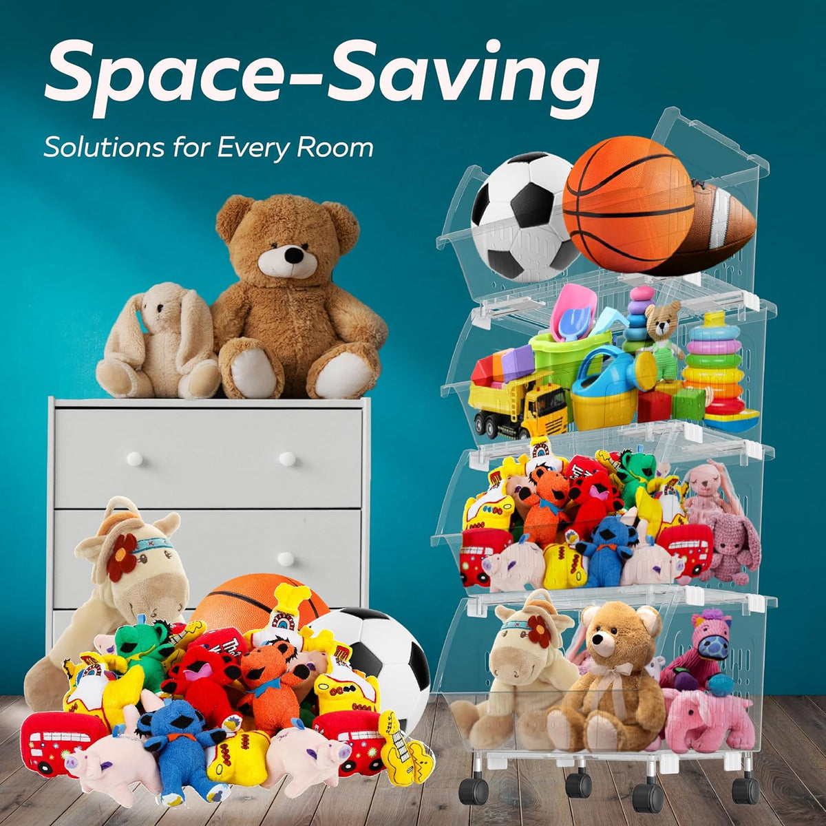 Large Stackable Storage Bins Open Front with Wheels, 4 Pack - Clear | Easy Assembly, Sturdy Plastic, Open Front Access, Smooth Rolling Wheels, Stackable, Large Capacity Storage